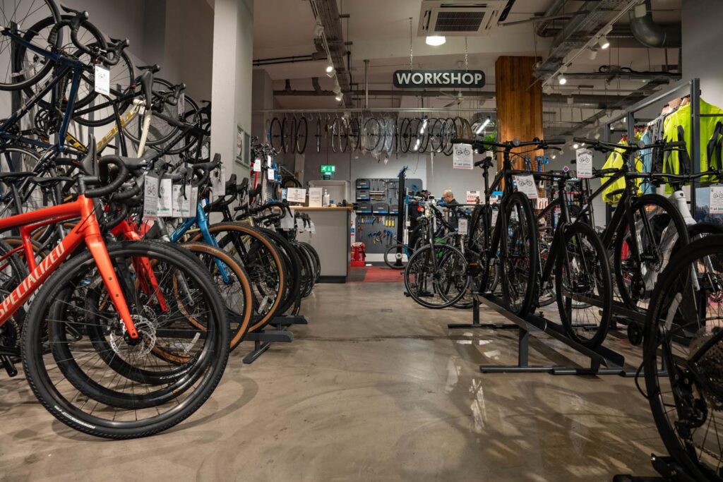 The accessory wall at Balfe's Bikes Notting Hill