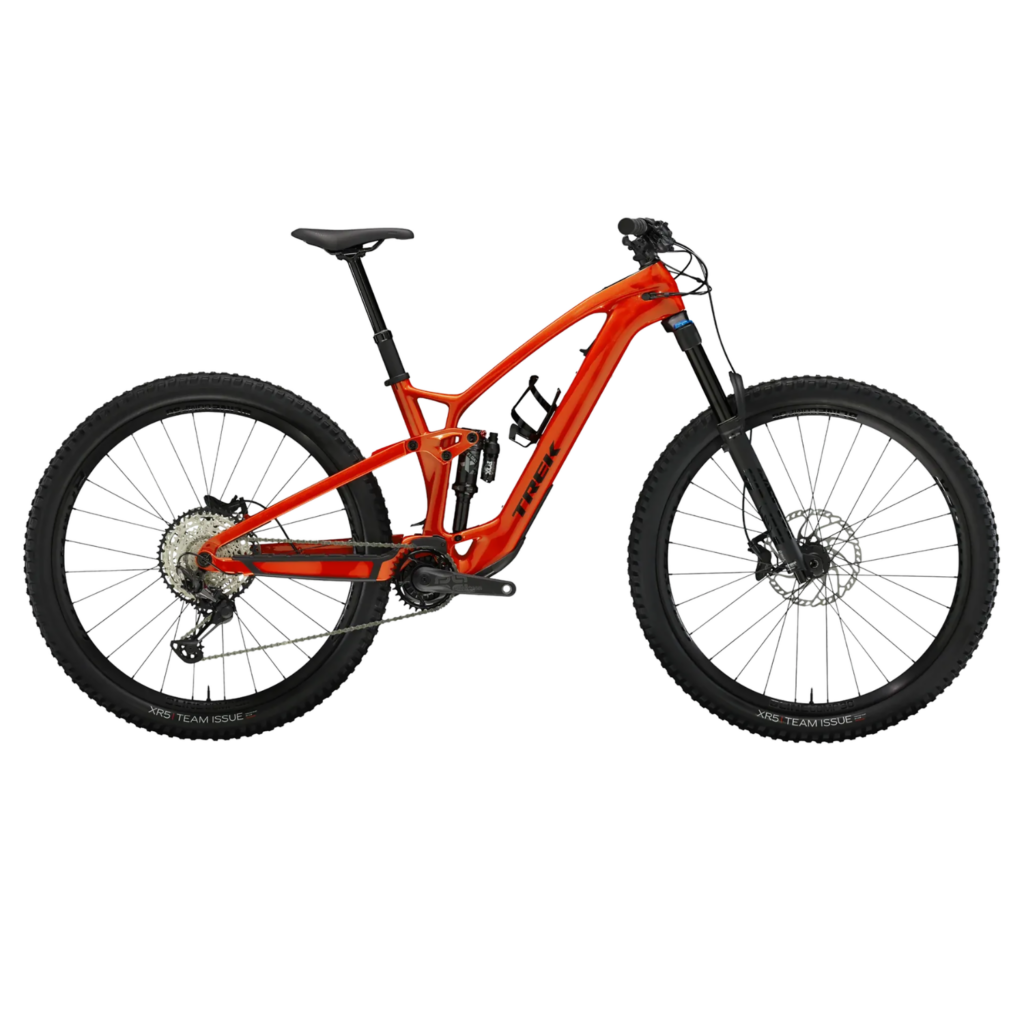 A red Trek Fuel EXE 9.7 electric mountain bike in side on angle