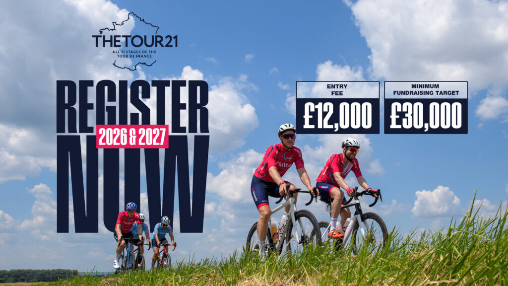 An image advertising Tour 21 with Cure Leukaemia. Registration now open for 2026 & 2027.