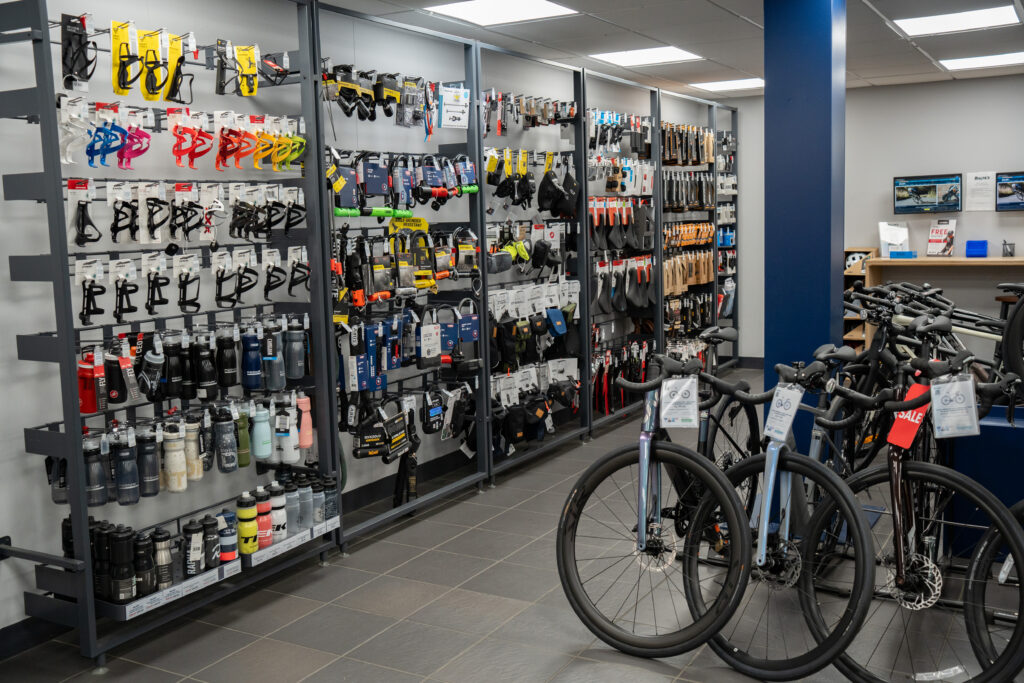 The accessory wall at Balfe's Bikes Gatwick