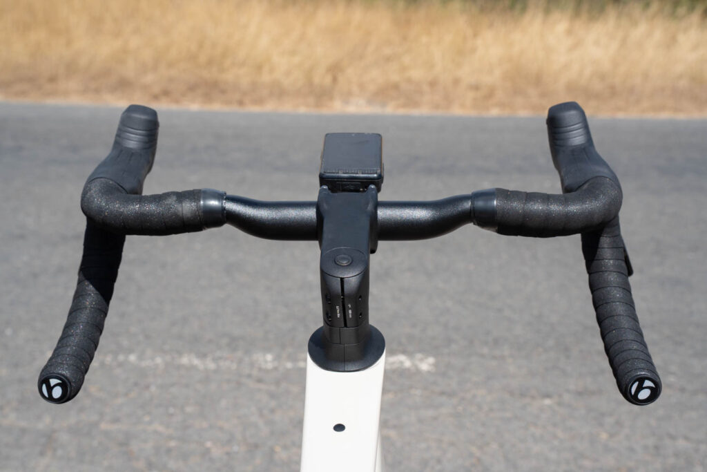 Trek Domane Gen 5 riser handlebar, shot from behind the stem