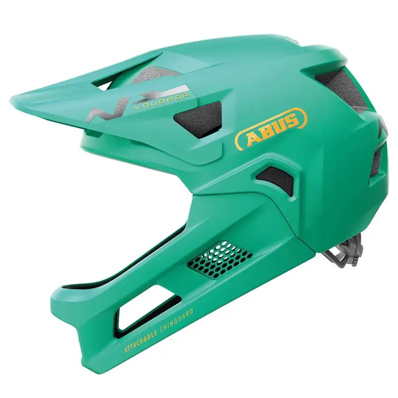 Balfes Bikes Abus YouDrop Full Face 48-55cm Kids Helmet in Sage Green | Free postage over £30, £10 off first order, price match & 0% finance.