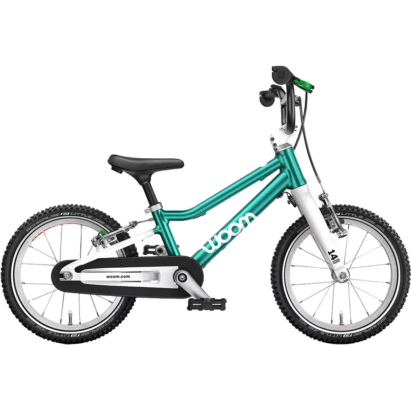 Balfes Bikes Woom Go 2 14in Kids Bike 2027 in Metallic Turquoise | Free postage over £30, £10 off first order, price match & 0% finance.