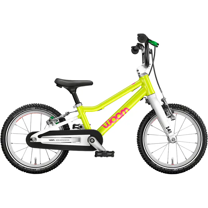 Balfes Bikes Woom Go 2 14in Kids Bike 2027 in Neon Lime | Free postage over £30, £10 off first order, price match & 0% finance.