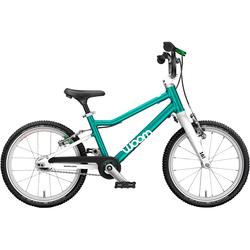 Balfes Bikes Woom Go 3 Automagic 16in Kids Bike 2027 in Metallic Turquoise | Free postage over £30, £10 off first order, price match & 0% finance.