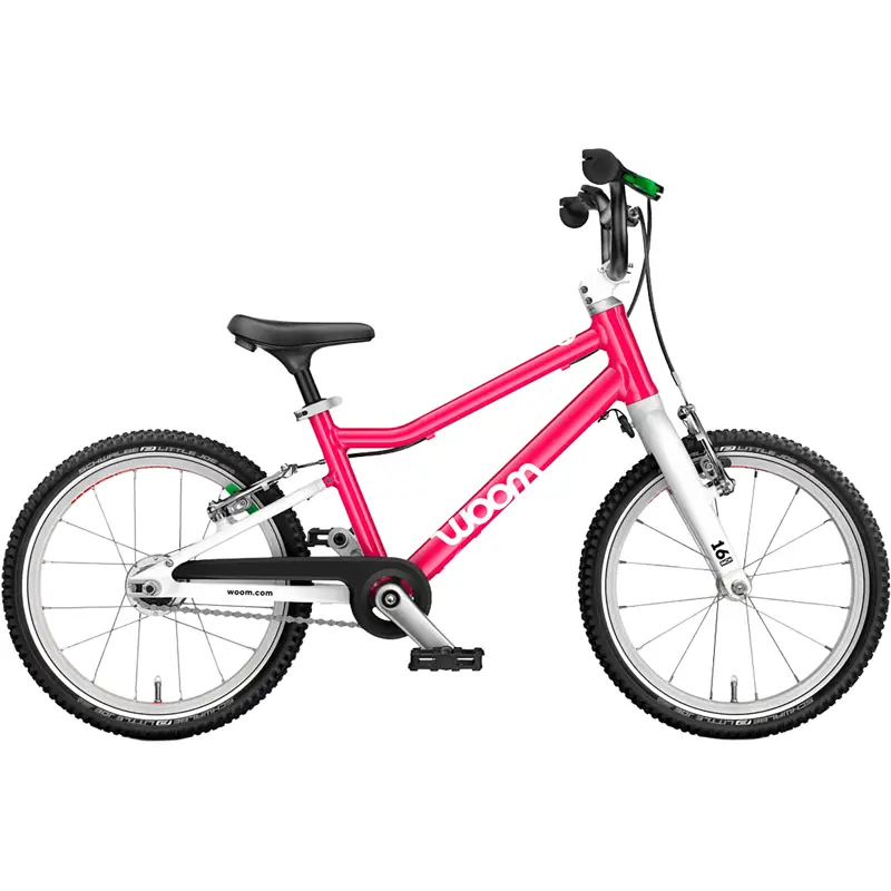 Balfes Bikes Woom Go 3 Automagic 16in Kids Bike 2027 in Hot Pink | Free postage over £30, £10 off first order, price match & 0% finance.