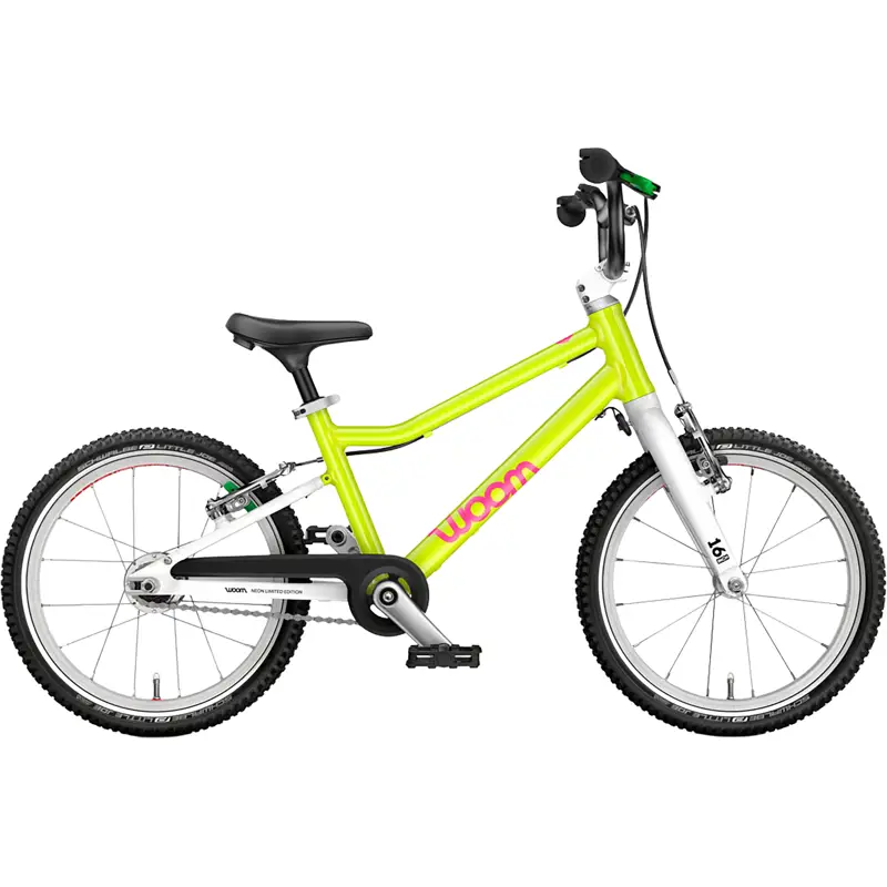 Balfes Bikes Woom Go 3 Automagic 16in Kids Bike 2027 in Neon Lime | Free postage over £30, £10 off first order, price match & 0% finance.