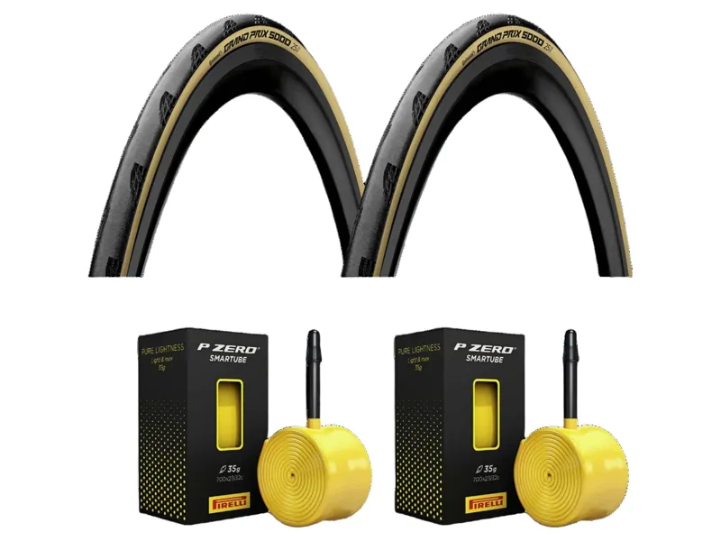 2 x Continental Grand Prix 5000AS TR 700c Folding Tyres in Cream with P Zero 60mm inner tubes