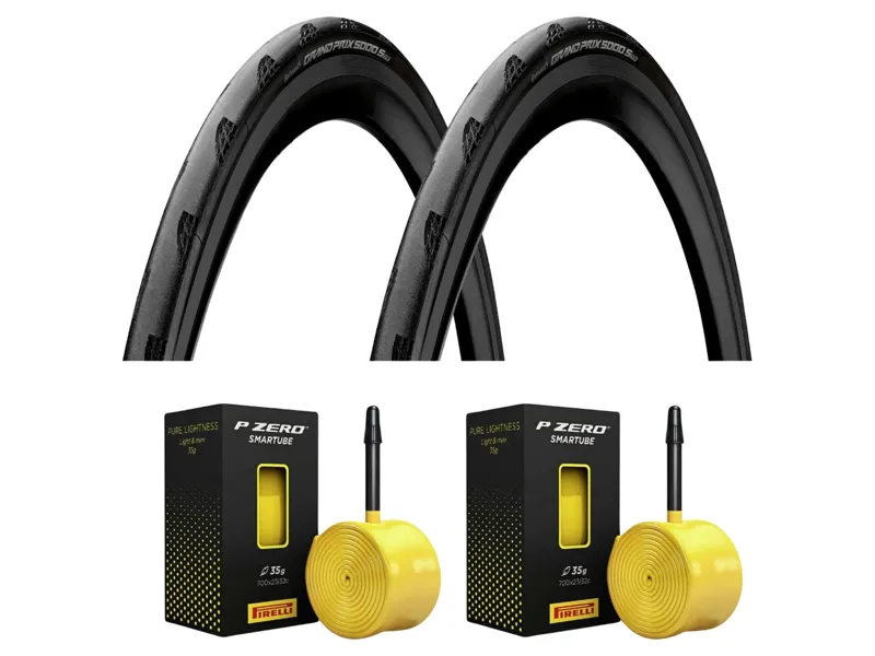 2 x Continental Grand Prix 5000S TR 700c Folding Road Tyres with Pirelli P Zero 60mm inner tubes