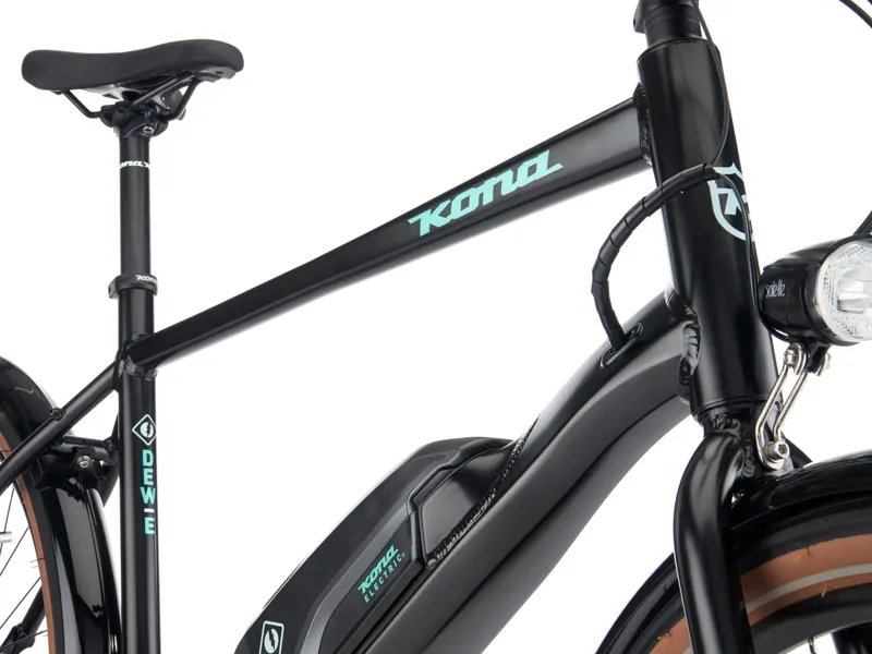 Kona Dew-E Electric Bike 2025 in Satin Black w/ Metallic Mint and Metallic Silver Decals-1