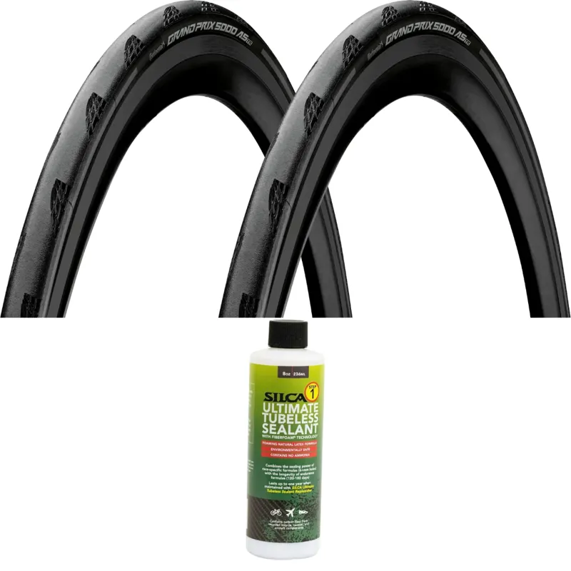 Pair of Continental Grand Prix 5000AS TR 700c Folding Road Tyres in Black/Reflex with Silca Ultimate Tube