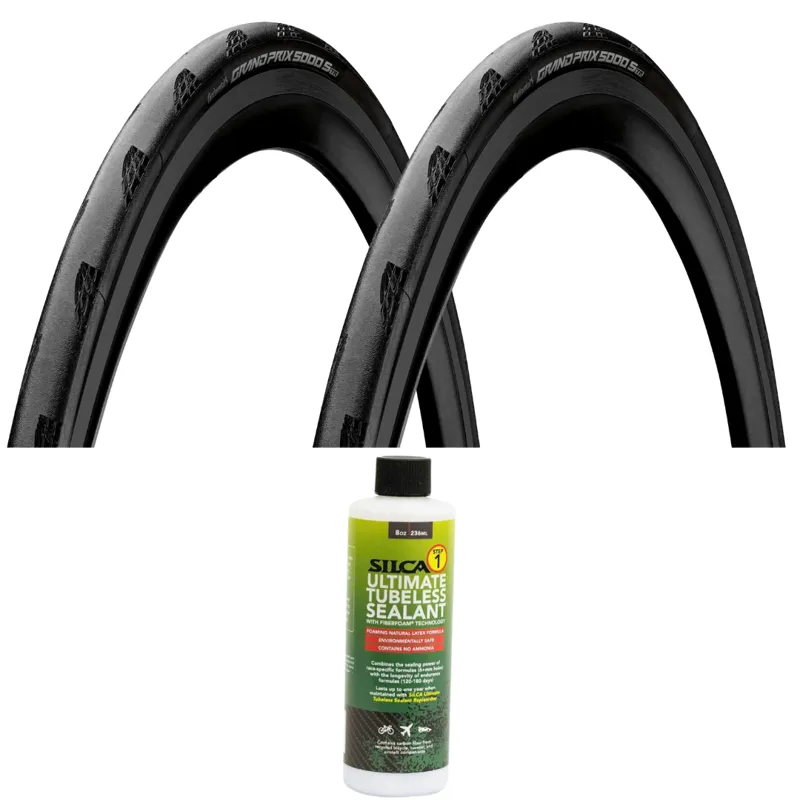 Pair of Continental Grand Prix 5000S TR 700c Folding Road Tyres in Black with Silca Ultimate Tubeless Sealant 4oz Bundle