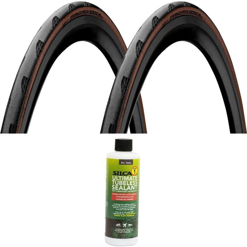 Pair of Continental Grand Prix 5000S TR 700c Folding Road Tyres in Black/Transparent with Silca Ultimate 
