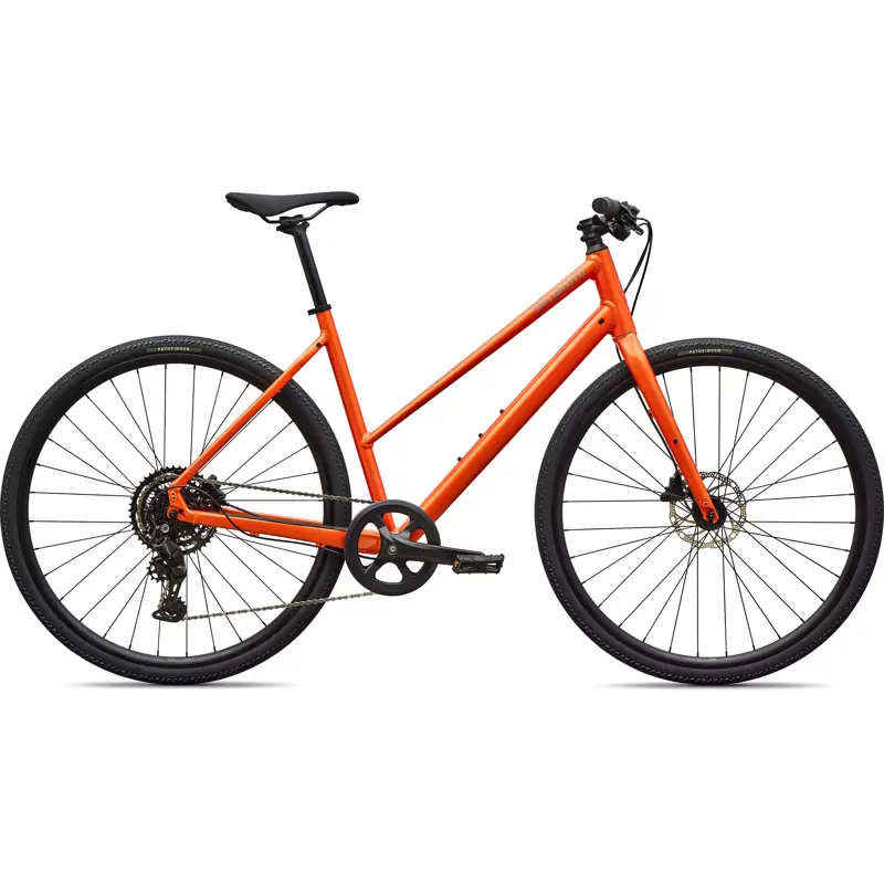 Balfes Bikes Specialized Sirrus X 2.0 Step-Through Hybrid Bike 2027 in Gloss Tangerine / Shadow Silver Frost Reflective | Free postage over £30, £10 off first order, price match & 0% finance.
