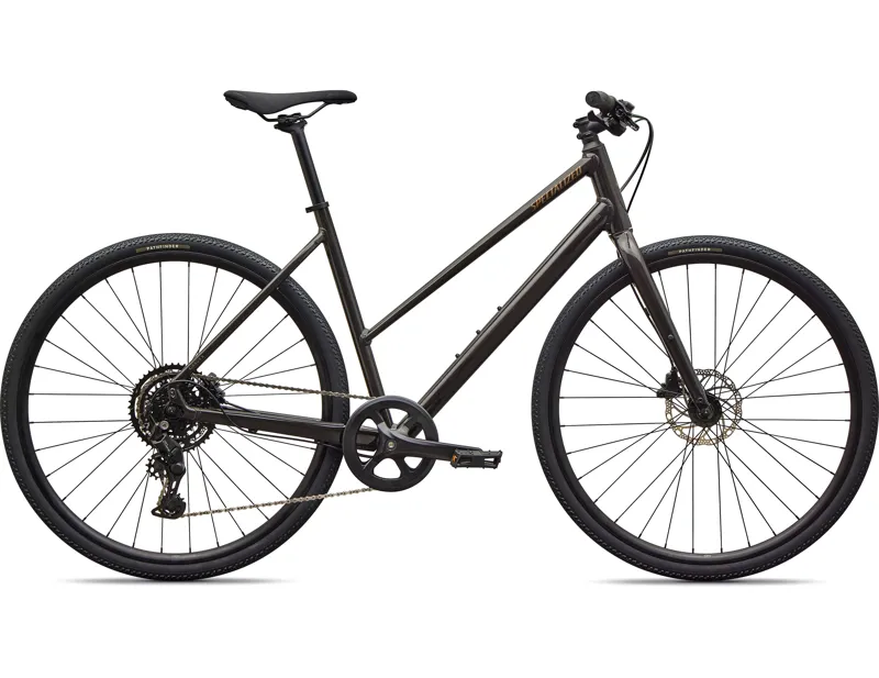 Specialized Sirrus X 2.0 Step-Through Hybrid Bike 2026 in Gloss Metallic Obsidian / Burnt Gold Metallic Frost Reflective