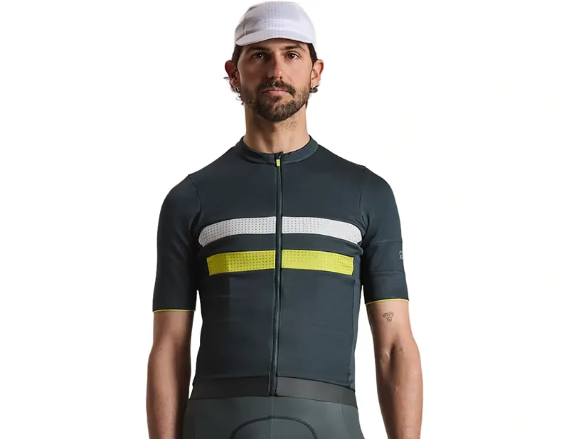 Rapha Men's Brevet Merino Short Sleeve Jersey III in Dark Forest/Chartreuse