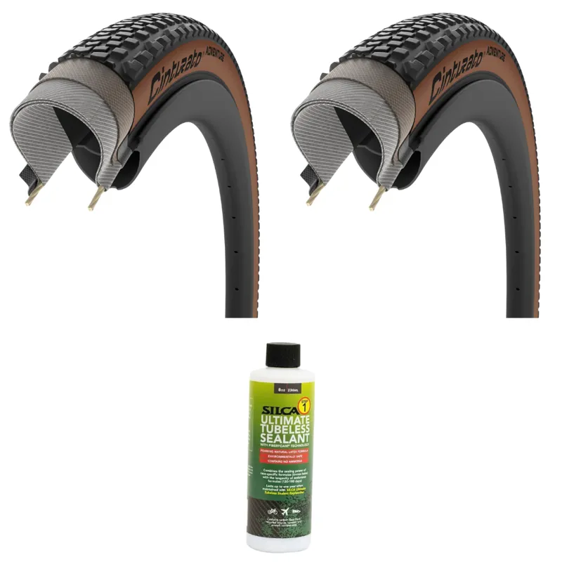 Pair of Pirelli Cinturato Adventure 700x40-50c Tyres in Tan with Silca Ultimate Tubeless Sealant 8oz Bund