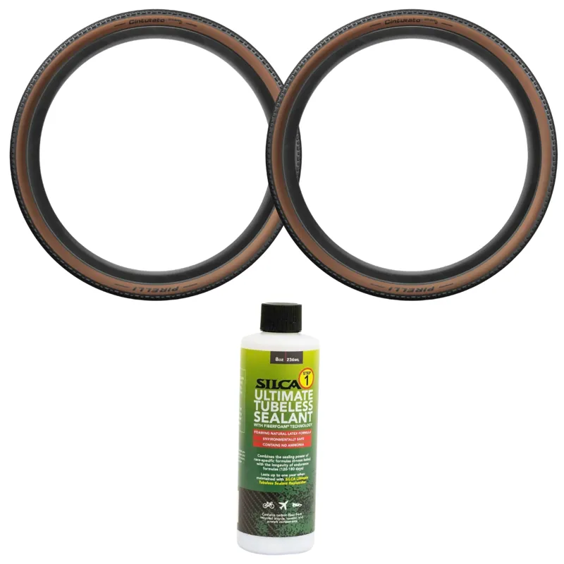 Pair of Pirelli Cinturato Gravel Hard Terrain 700x35c Tyres in Black/Tanwall with Silca Ul