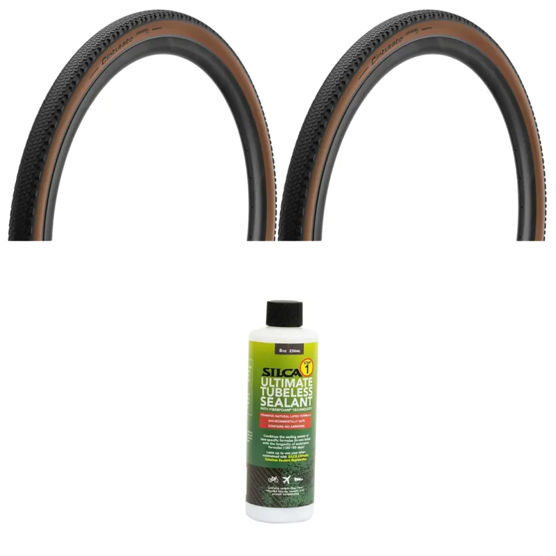 Pair of Pirelli Cinturato Gravel H Classic 700x35-50c Tyre in Skinwall with Silca Ultimate Tubeless Seala