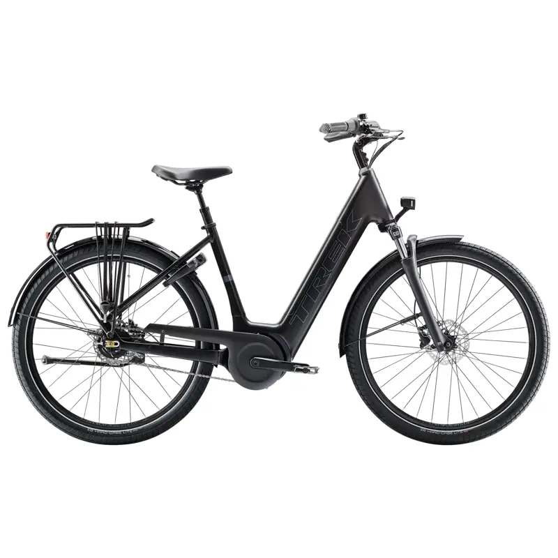 Balfes Bikes Trek District+ 4 Guard Lowstep 400Wh Electric Hybrid Bike 2026 in Trek Black Satin | Free postage over £30, £10 off first order, price match & 0% finance.