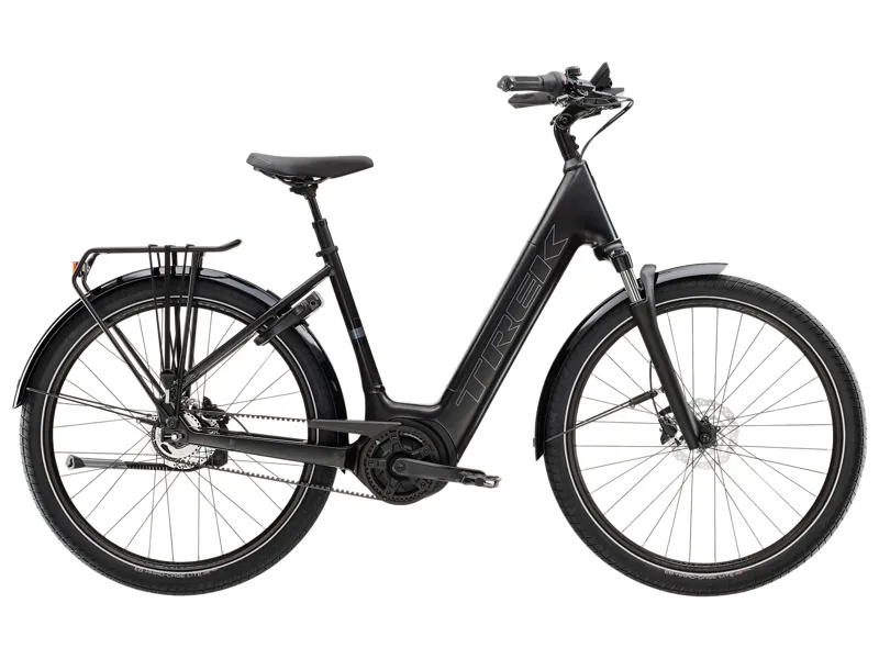 Trek District+ 4 Lowstep Coaster Belt 725Wh Electric Hybrid Bike 2026 in Trek Black Satin