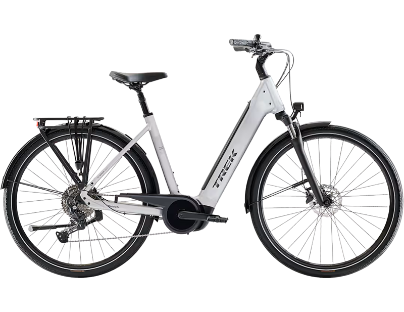 Trek District+ 4 R10 Lowstep 600Wh Electric Hybrid Bike 2027 in Lunar Silver