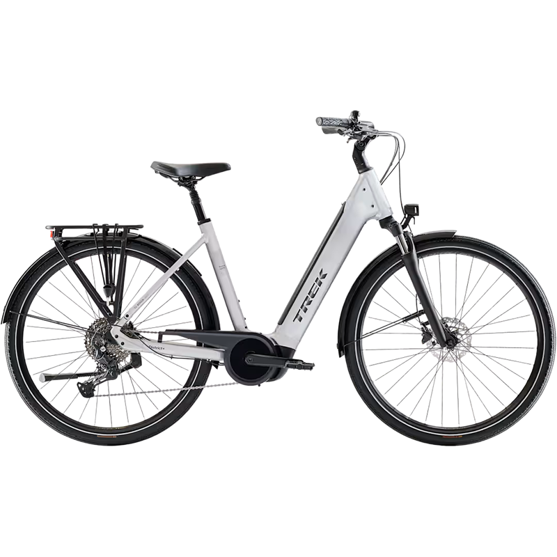Balfes Bikes Trek District+ 4 R10 Lowstep 600Wh Electric Hybrid Bike 2027 in Lunar Silver | Free postage over £30, £10 off first order, price match & 0% finance.