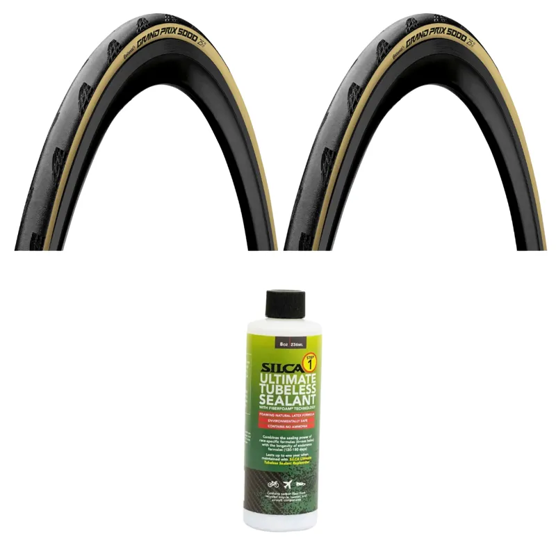 2 x Continental Grand Prix 5000AS TR 700c Folding Tyres in Cream Silca Ultimate Tubeless Sealant
