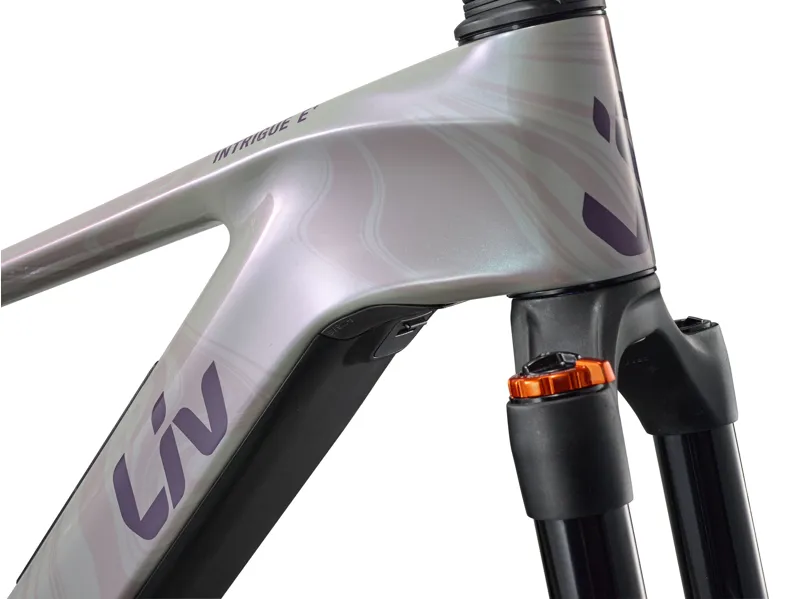 Liv Intrigue Advanced E+ SE Women's Carbon Full Suspension Mountain Bike 2027 in Fog Marble Drift-10