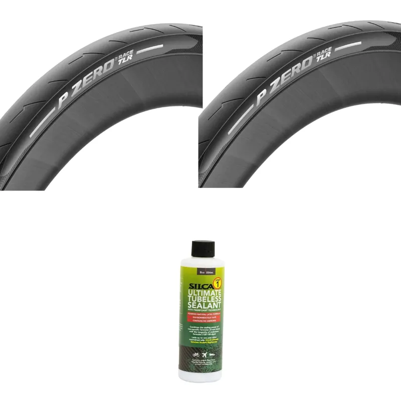 Pair of Pirelli P Zero Race TLR 700x26-40c Tyres in Black with Silca Ultimate Tubeless Sealant 8oz Bundle