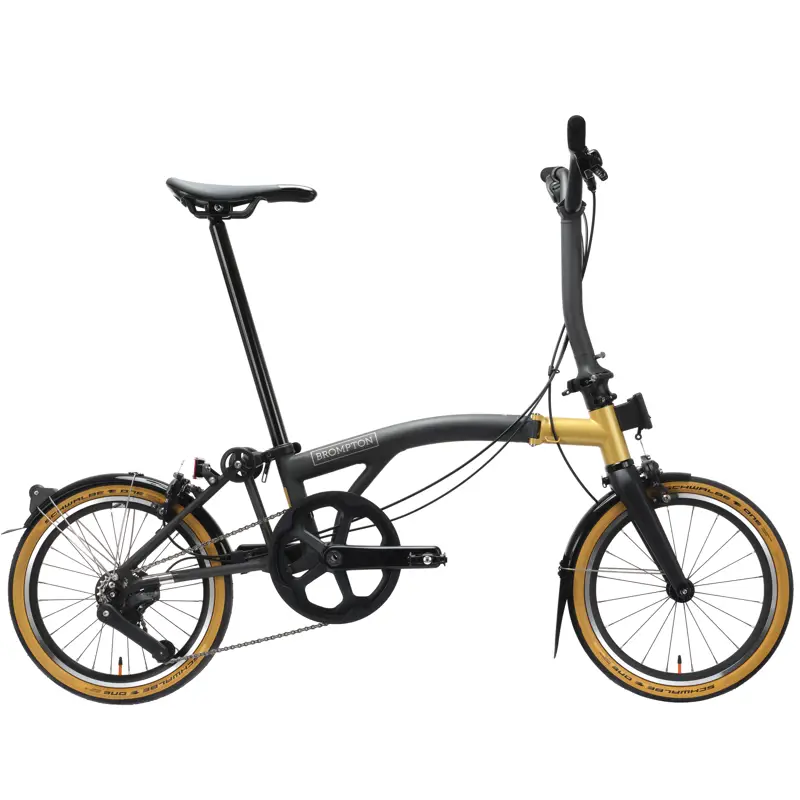Balfes Bikes Brompton T Line Ceratech 4 Speed Folding Bike Mid Handlebar 2026 in Black Gold | Free postage over £30, £10 off first order, price match & 0% finance.