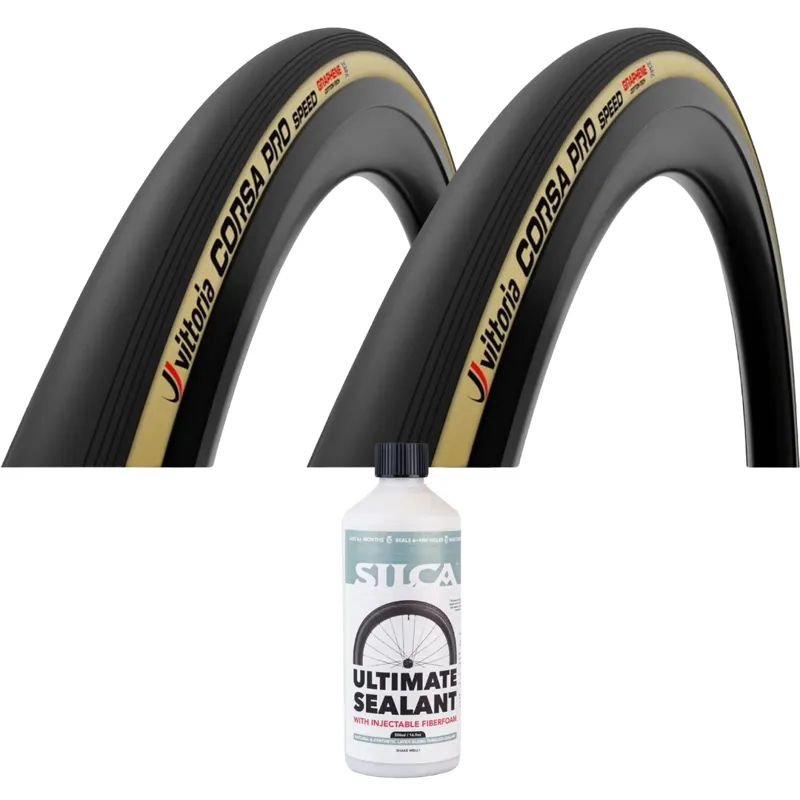 Vittoria Corsa N.EXT 700x29c TLR Wide Rim G2.0 Road Tyre Pair in Tan Wall with Silca Ultimate Tubeless Sealant v2 500ml Bundle