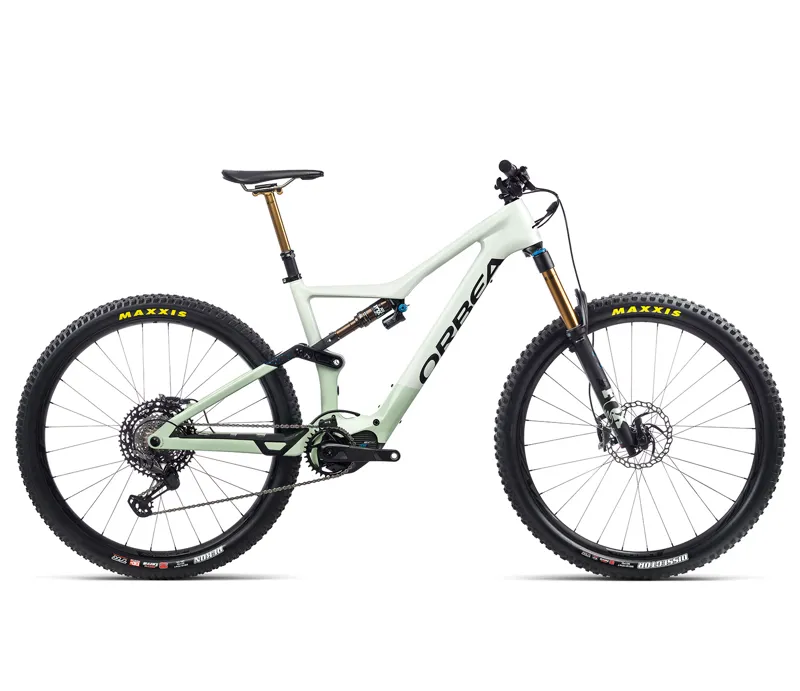 Orbea Rise M-Team Electric Full Suspension Mountain Bike 2021 in White and Green