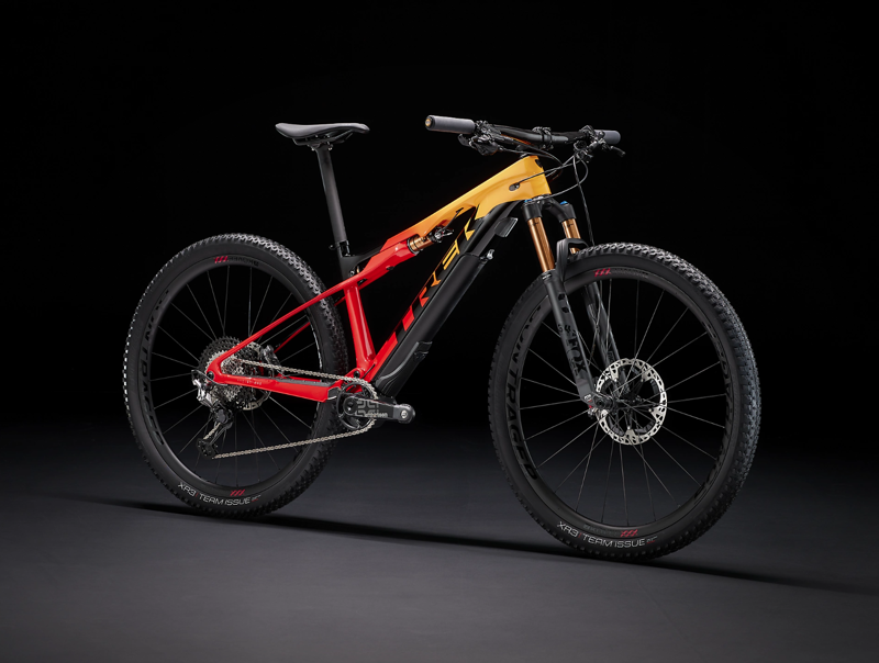 Trek E-Caliber 9.8 XTR Full Suspension Electric Mountain Bike 2021 in Marigold/Red-1