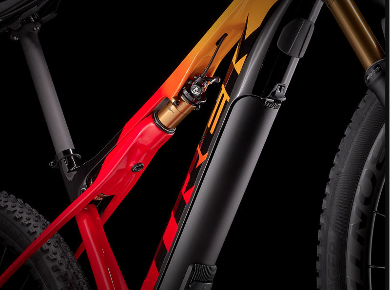 Trek E-Caliber 9.8 XTR Full Suspension Electric Mountain Bike 2021 in Marigold/Red-4