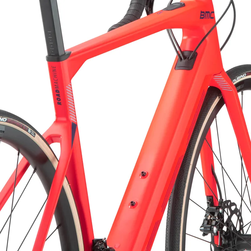 BMC Roadmachine AMP Three 105 Electric Road Bike 2022 in Neon Red/Petrol Blue-3