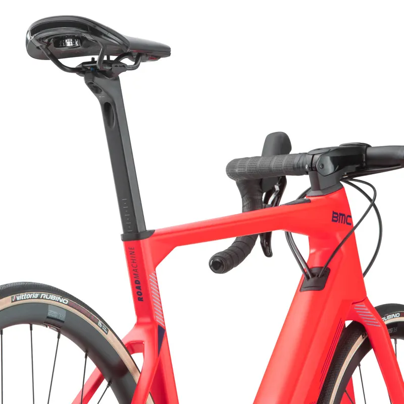 BMC Roadmachine AMP Three 105 Electric Road Bike 2022 in Neon Red/Petrol Blue-4