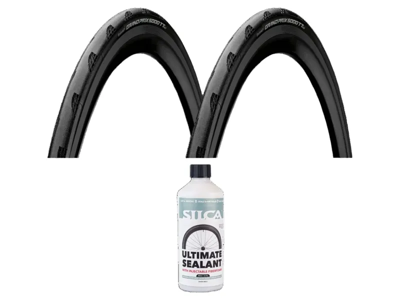 Continental Grand Prix 5000 TT TR 700c Folding Road Tyre Pair with Silca Ultimate Tubeless Sealant v2 500ml Bundle