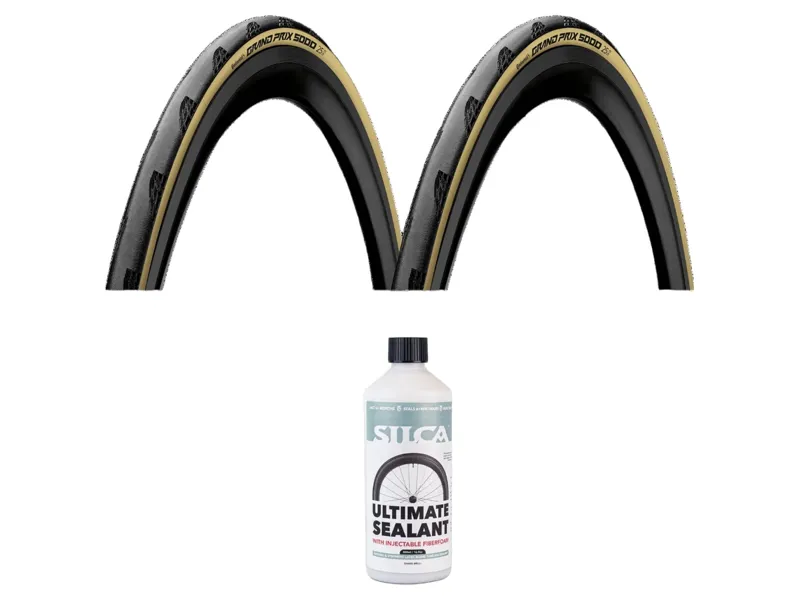 Continental Grand Prix 5000AS TR 700c Folding Road Tyre Pair in Black/Cream with Silca v2 Sealant 500ml B