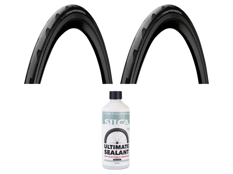Continental Grand Prix 5000S TR 700c OE Tyres in Black with Silca v2 500 ml Sealant Bundle