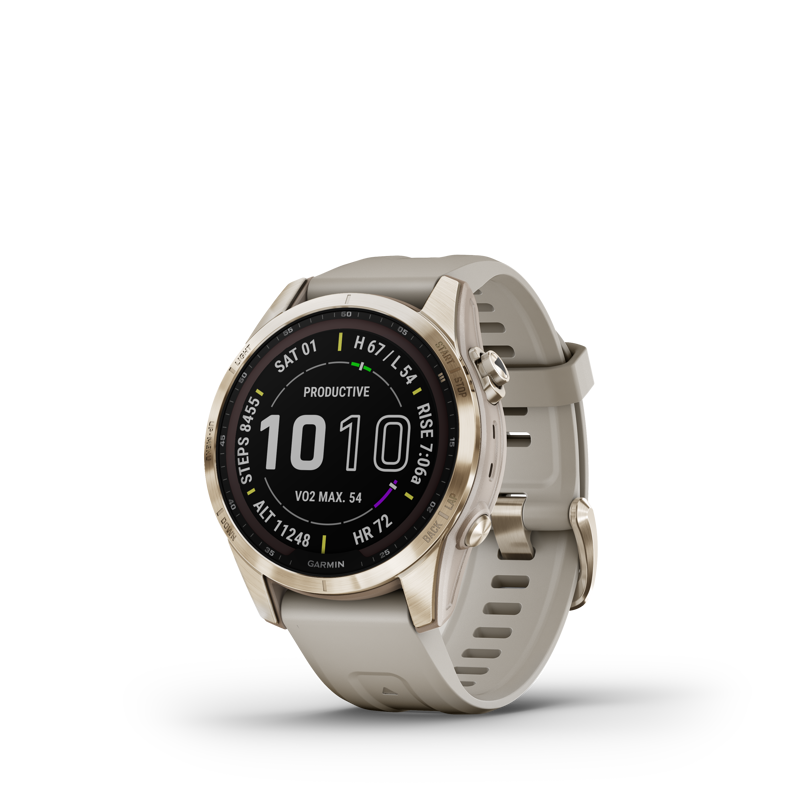 Garmin fenix 7S Sapphire Solar Watch in Cream Gold Ti w/ Light Sand Bd-1