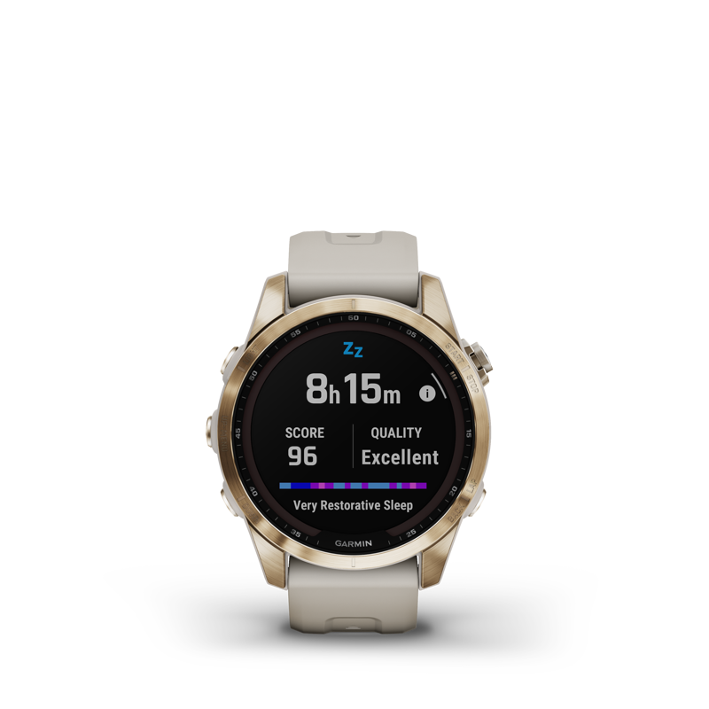 Garmin fenix 7S Sapphire Solar Watch in Cream Gold Ti w/ Light Sand Bd-3
