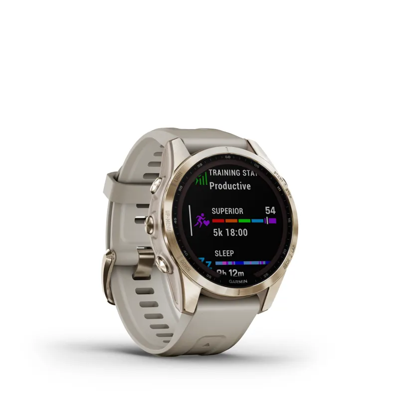 Garmin fenix 7S Sapphire Solar Watch in Cream Gold Ti w/ Light Sand Bd