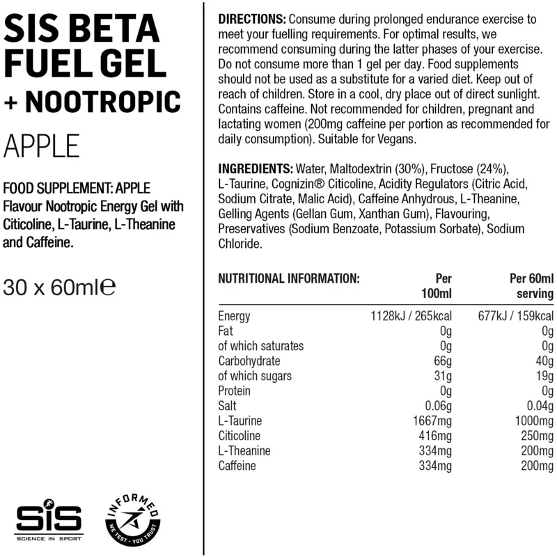 SIS BETA Gel with Nootropics. Apple 60ml box of 30-1