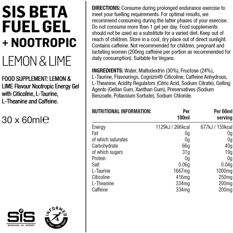 SIS BETA Gel with Nootropics. Lemon/lime 60ml box of 30-1