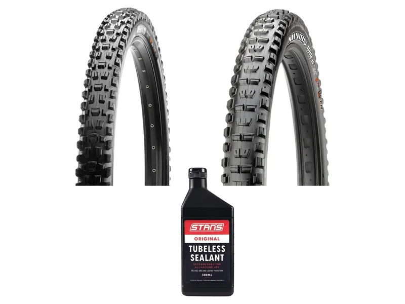 Maxxis 29 Inch Assegai MaxxGrip and 29 Inch Minion 3C MaxxTerra DHR2 DoubleDown Tyres with Stans Sealant Bundle