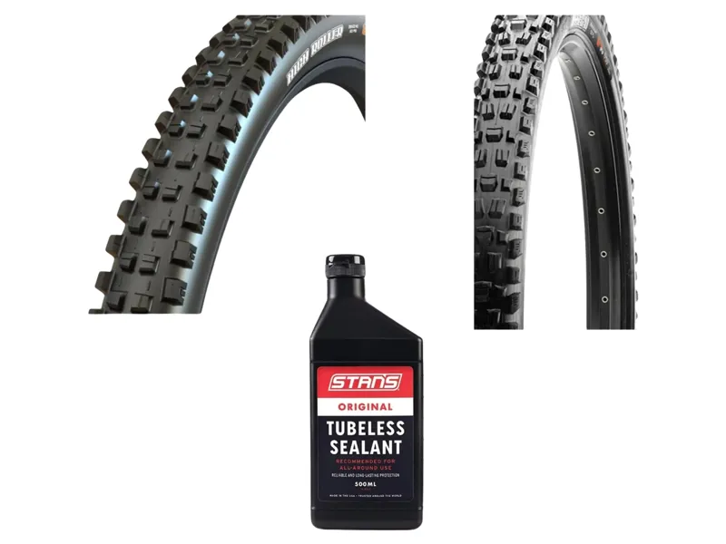 Maxxis 29 Inch Assegai MaxxGrip and High Roller 3 3C MaxxGrip DoubleDown Tyres with Stans Sealant Bundle