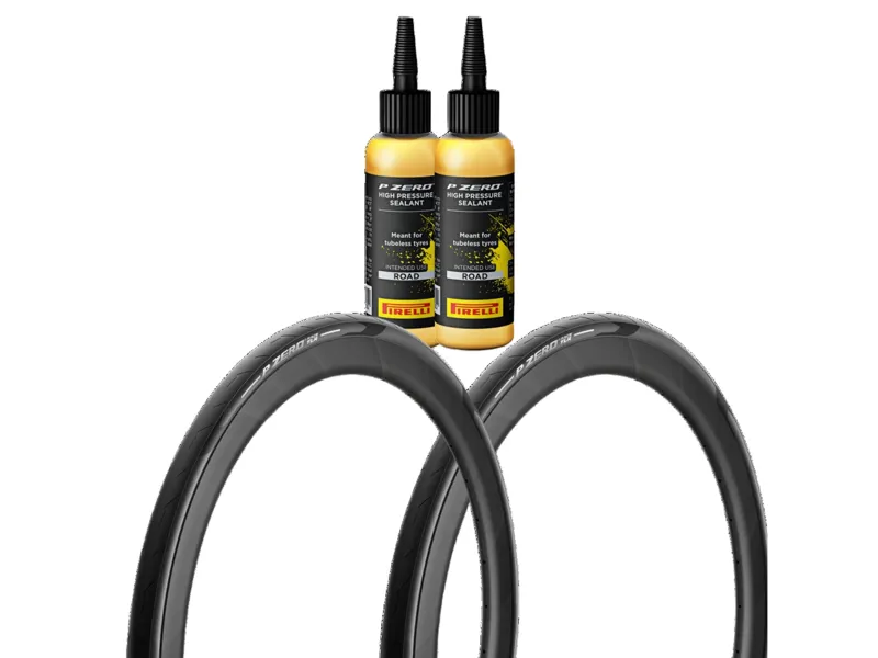 Pirelli P Zero Race TLR 700c Tyre Pair in Black with 2 x Pirelli P Zero Sealant 60ml in Yellow Bundle