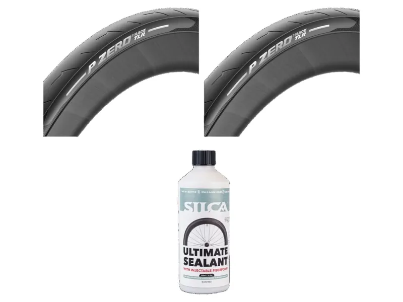 Pirelli P ZERO Race TLR 700c Tyre Pair in Black with Silca v2 Sealant 500ml Bundle
