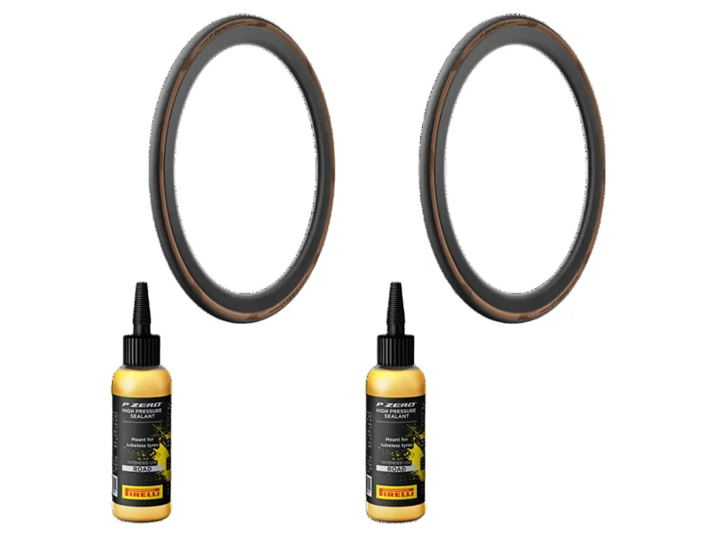 Pirelli P Zero Race TLR Classic 700c Tyre Pair in Tan with 2 x Pirelli P Zero Sealant 60ml in Yellow Bund